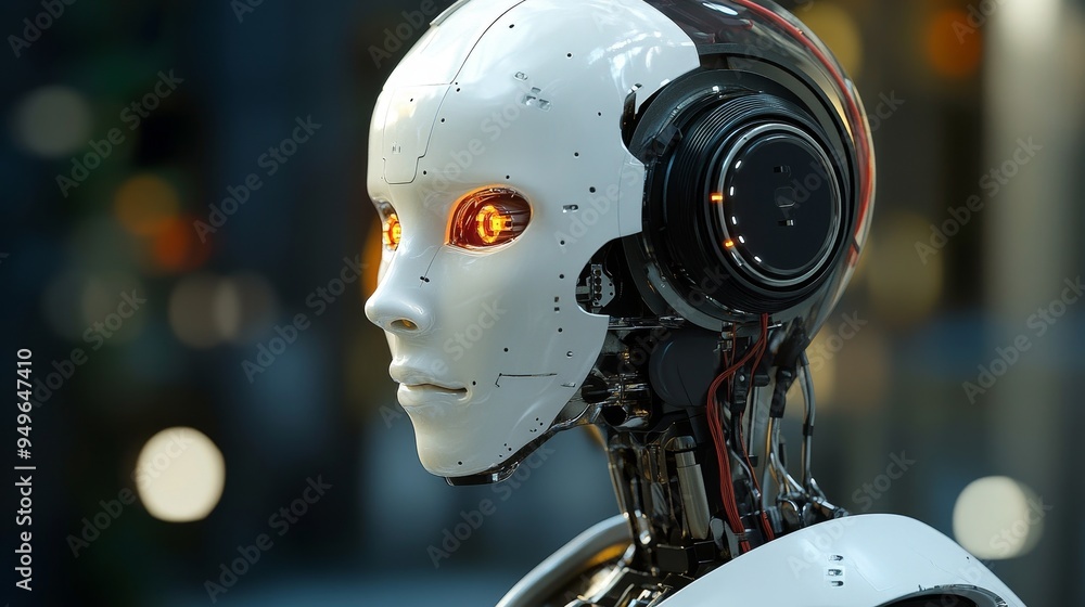 Poster a close-up shot of an advanced ai robot head with glowing yellow eyes. the robot's face is smooth an