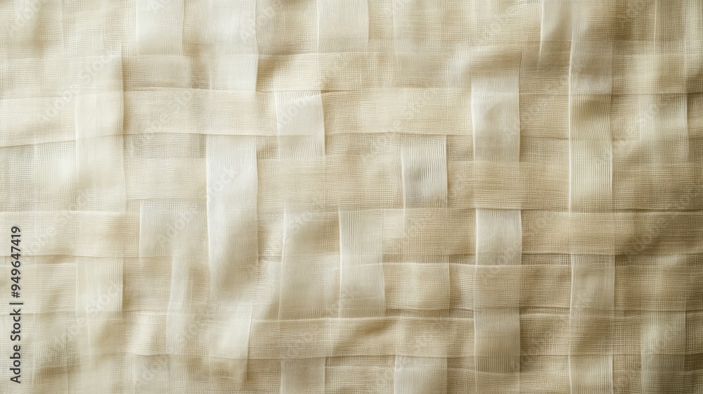 Poster a close-up shot of a woven beige fabric texture, displaying an intricate pattern of interwoven threa