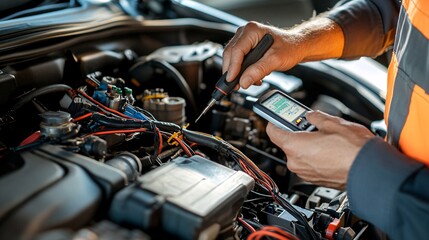 A mechanic's hand holding a diagnostic tool while inspecting an engine's wiring system inside a car's hood