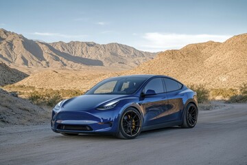 Blue EV Car parked on a dirt road in a desert landscape