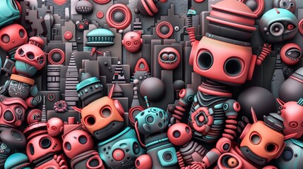 Obraz premium Colorful robots and futuristic elements create a vibrant, playful scene full of creativity and imagination.