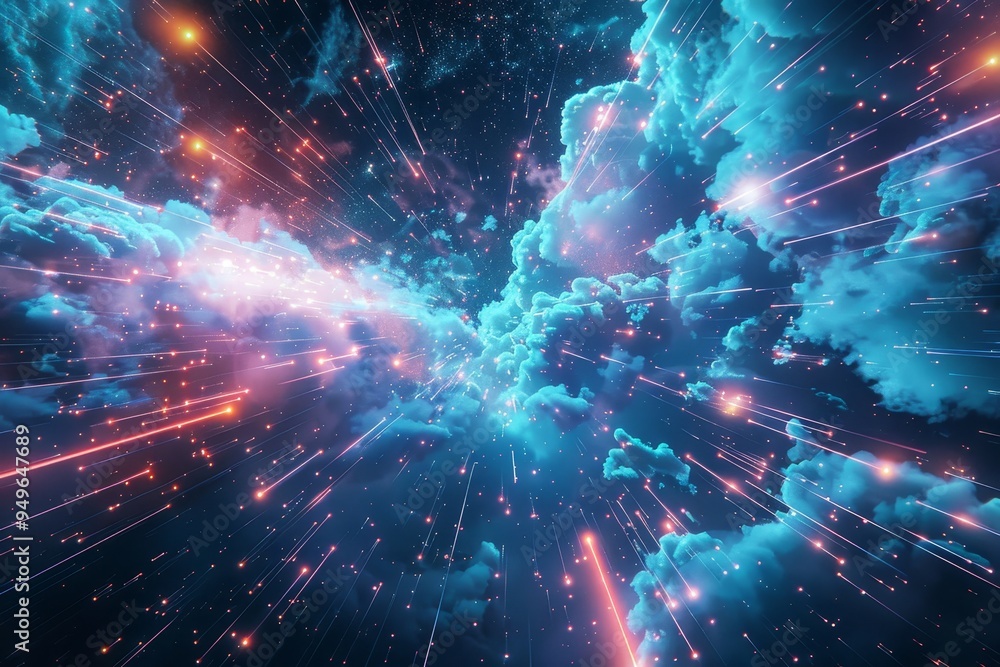 Poster a sky filled with lots of puffy clouds and twinkling stars, creating a beautiful celestial scene, te