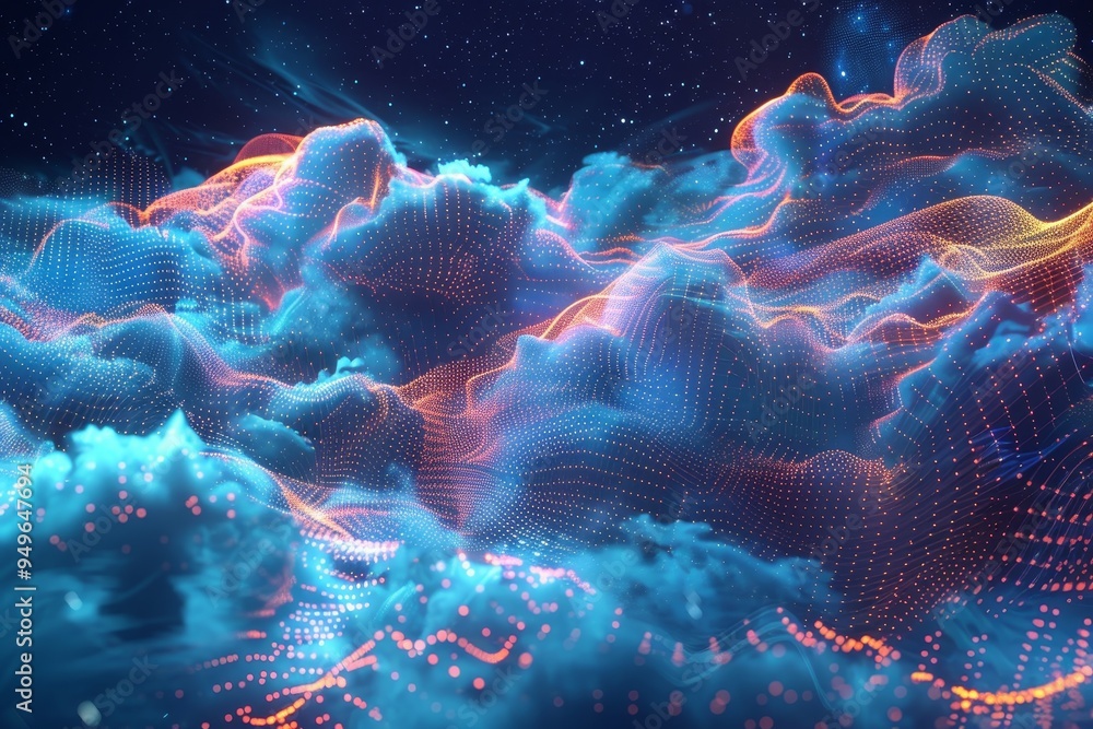 Poster technological advancements represented by a computer-generated simulation of clouds and stars, techn