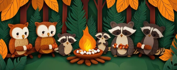Naklejka premium A cozy forest scene with a group of cute animals
