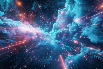 A sky filled with lots of puffy clouds and twinkling stars, creating a beautiful celestial scene, Technological advancements represented by cascading streams of digital clouds