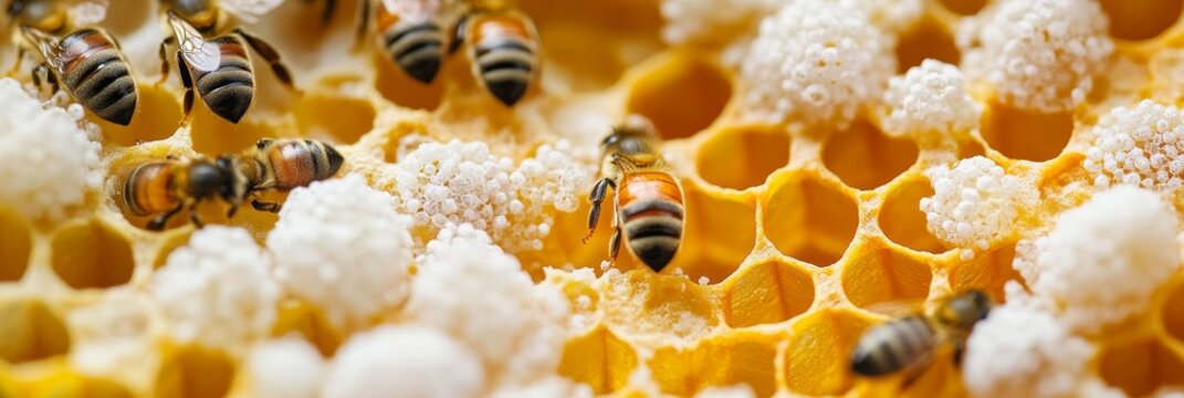 A close-up view of a honeycomb, showcasing bees, larvae cocoons, pollen, and honey. This image captures the intricate details of a bee colony's work, highlighting the lifecycle of bees and the product