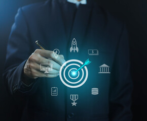 Marketing strategy and goal for success of businessman with target arrow digital technology icon virtual reality