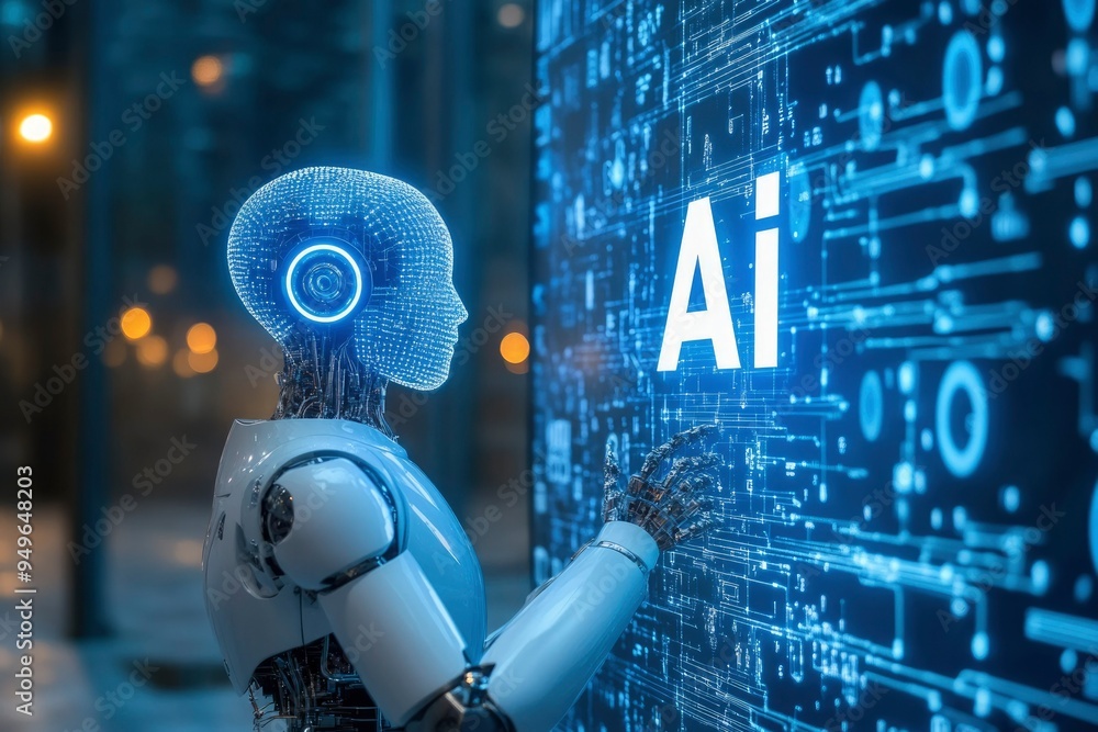 Aufkleber a humanoid robot interacting with an ai interface