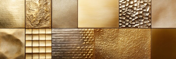 A collection of eight high-resolution images showcasing various gold textures,  including smooth, embossed, patterned, and hammered finishes. These textures are perfect for adding a touch of luxury an