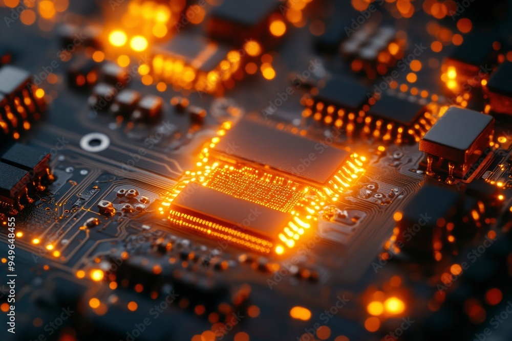 Poster close-up of illuminated microchip on circuit board