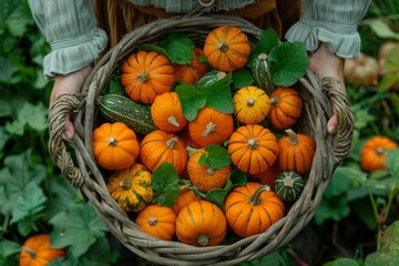 Obraz premium pumpkins with leaves in wicker basket on ground in vegetable garden. harvest, organic food, farm. sustainable, agriculture concept.