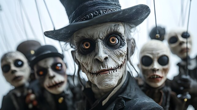 A haunted puppet master controlling eerie marionettes with Halloween masks, dark gothic style, intricate details, isolated on white background