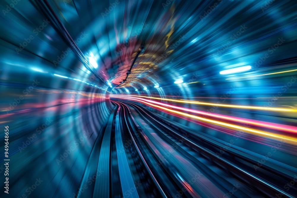 Aufkleber a train travels through a tunnel illuminated by vibrant lights, creating a mesmerizing visual experi