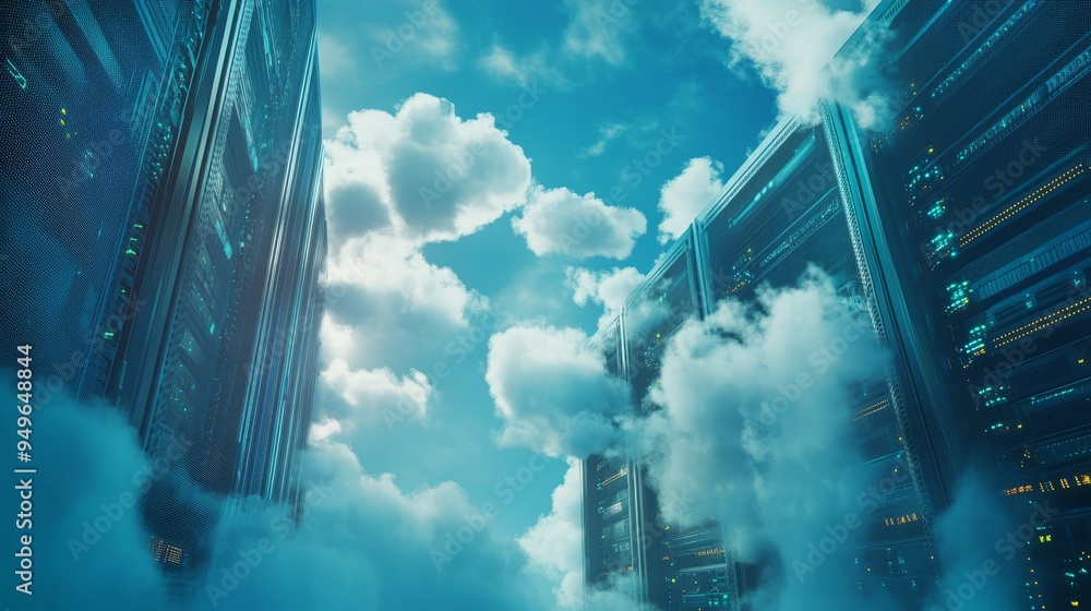 Poster a conceptual image of data center servers rising through the clouds, symbolizing the power, scale, a
