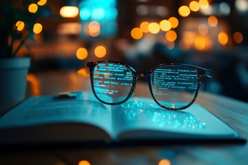 Glasses Reflecting Computer Code on Open Book with Blurred Bokeh Lights in the Background