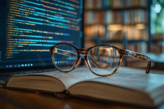 Open Book with Glasses Resting on a Laptop and a Blurred Bookcase in the Background