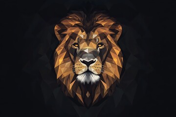 Frontal view lion head in geometric vector style, minimalistic symmetry, dark background, complex layers, strong contrast, golden ratio proportions.
