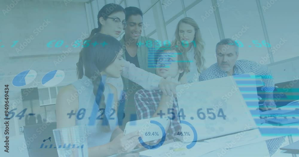 Poster financial data processing animation over diverse business team collaborating in office