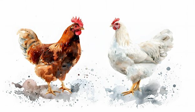 Chicken illustration, brown rooster white hen, farm animal poultry livestock