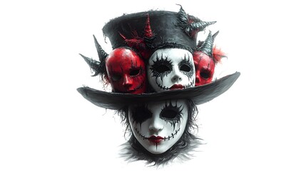 A sinister top hat with dark shadows, adorned with eerie Halloween party masks, photorealistic style, isolated on white background