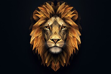 Frontal view lion head in geometric vector style, minimalistic symmetry, dark background, complex layers, strong contrast, golden ratio proportions.