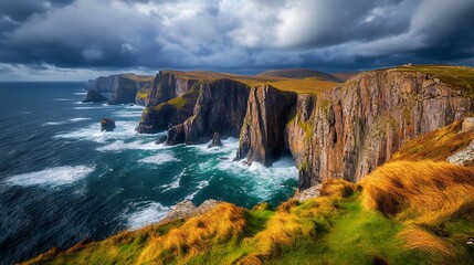 A dramatic coastal scene with rugged cliffs, crashing waves, and a stormy sky full of dark clouds