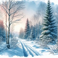 Winter Landscape with Snow-Covered Trees and Pathway at Sunrise