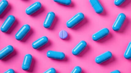 Blue capsules on pink background,Medicines to combat the epidemic and viruses,tablet grid,Drug, tablet, pills,Global healthcare concept. Antibiotics drug resistance,Pharmaceutical industry.