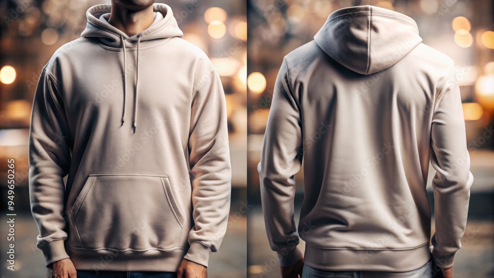 Poster stylish and modern hoodie mockup featuring front and back views in urban setting with bokeh lights