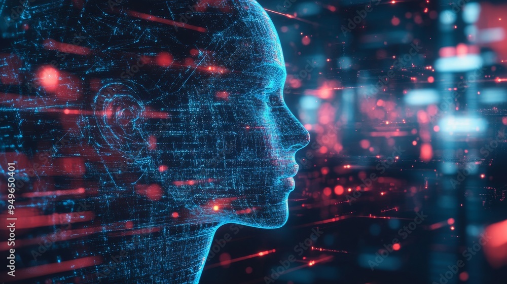 Poster a digital representation of an ai, its face composed of glowing lines and data, symbolizing the evol