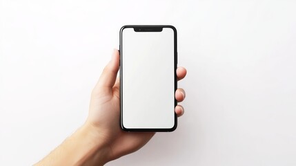 modern smartphone with white screen in left hand on transparent background, smartphone in hand, png mockup for any background and any image on the screen
