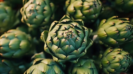 Fototapeta premium A close up view of fresh green artichokes in a market.