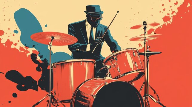 A dynamic illustration of a jazz drummer, captured in mid-performance, exudes energy and rhythm. The bold colors and stylized design evoke a classic jazz aesthetic, highlighting the passion and artist