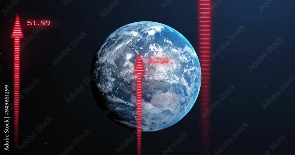 Poster earth with red arrows and data points, global growth animation
