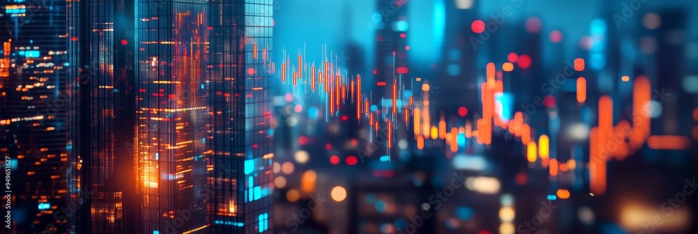 Poster a futuristic cityscape with a glowing forex chart superimposed, symbolizing the intersection of tech