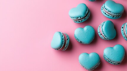 Obraz premium French sweet Blue and Pink heart macaroons isolated on color background. Pastry shop card with copy spacefrench macaroons,Paris Pastry,bakery and branding valentine couple concept,copy space.
