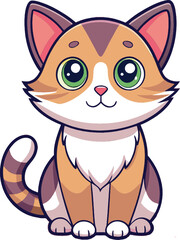 Adorable cartoon calico cat sits with wide, innocent eyes. Illustration