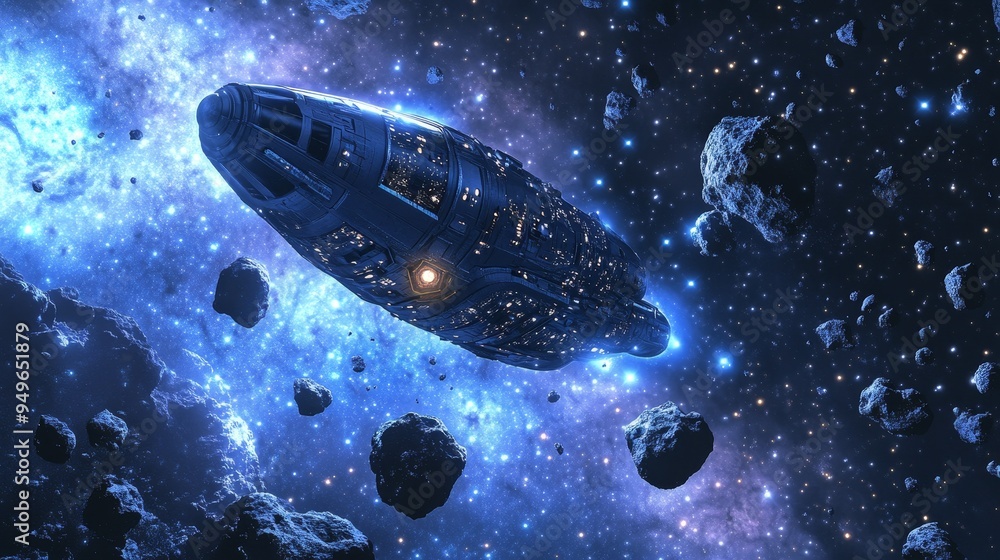 Poster a futuristic spaceship, illuminated by the glow of distant stars, navigates through a dense field of