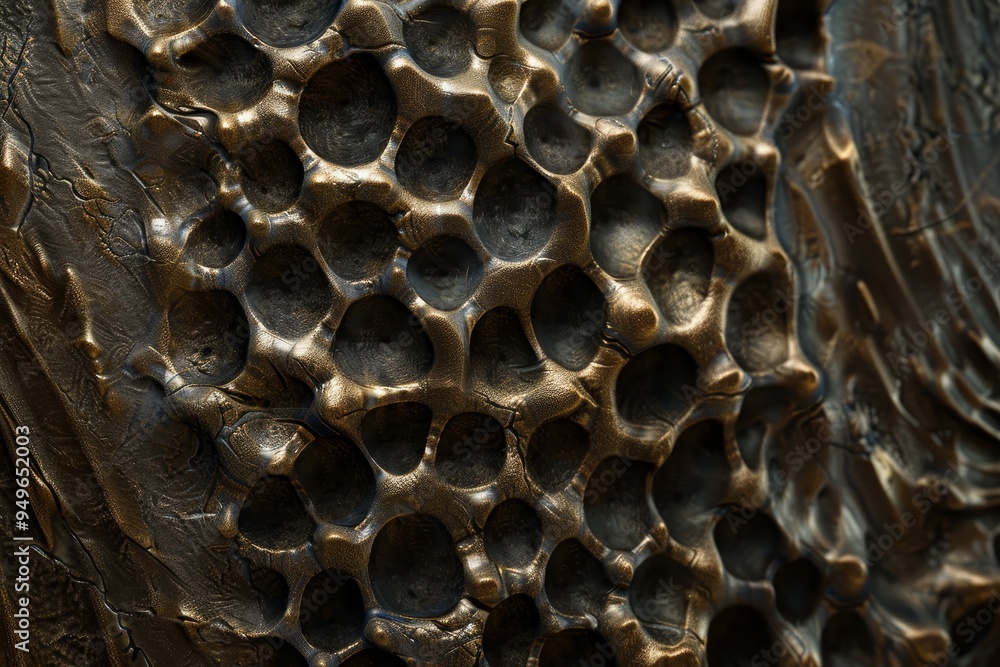 Poster detailed close-up view of a textured metal object featuring intricate patterns of holes and ridges, 