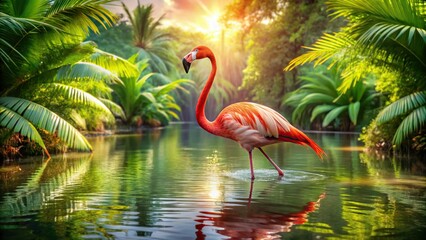 5. A beautiful carmine pink flamingo wading in a serene lake, surrounded by lush tropical vegetation, on a sunny summer morning, a realistic photo image.