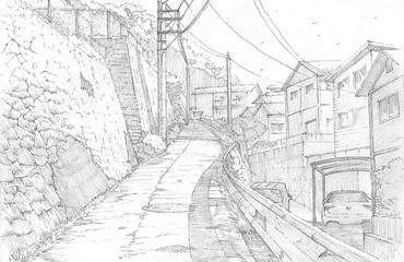 Fototapeta premium a pencil drawing of a quiet, uphill residential street in Japan, featuring power lines, stone walls, and traditional houses.