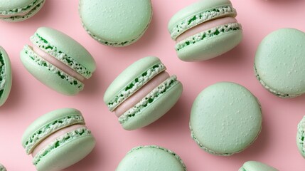 Obraz premium Mint macaroons in a row on pink background,french macaroons,Paris Pastry macaron green tea,Pastry shop card with copy space,french macaroons,bakery and branding concept,copy space.
