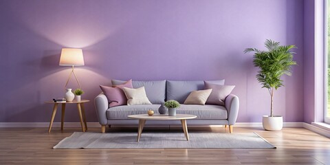 Warmly lit empty studio room with pastel purple walls soft cushions comfortable sofa relaxing ambiance calm serene peaceful atmosphere cozy retreat