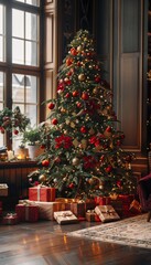 Beautifully Decorated Christmas Tree with Presents in a Cozy Holiday Living Room
