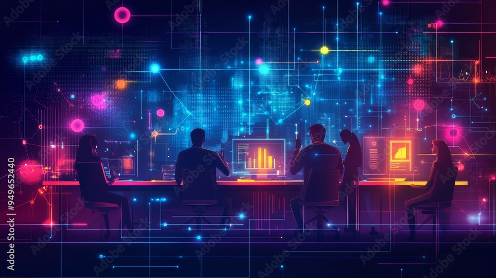 Poster a group of business people are collaborating on a project in a digital world. the image is a represe