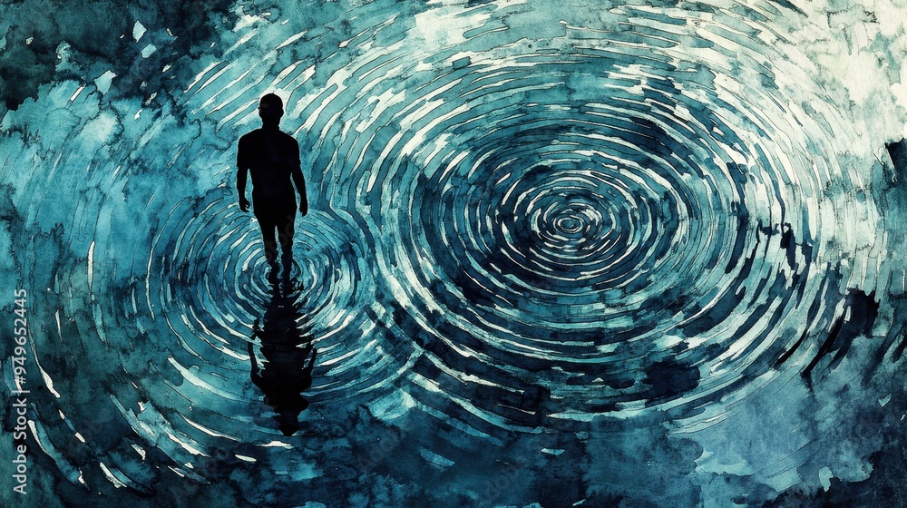 Poster a silhouette walks through rippling water, creating mesmerizing patterns in tranquil blue environmen