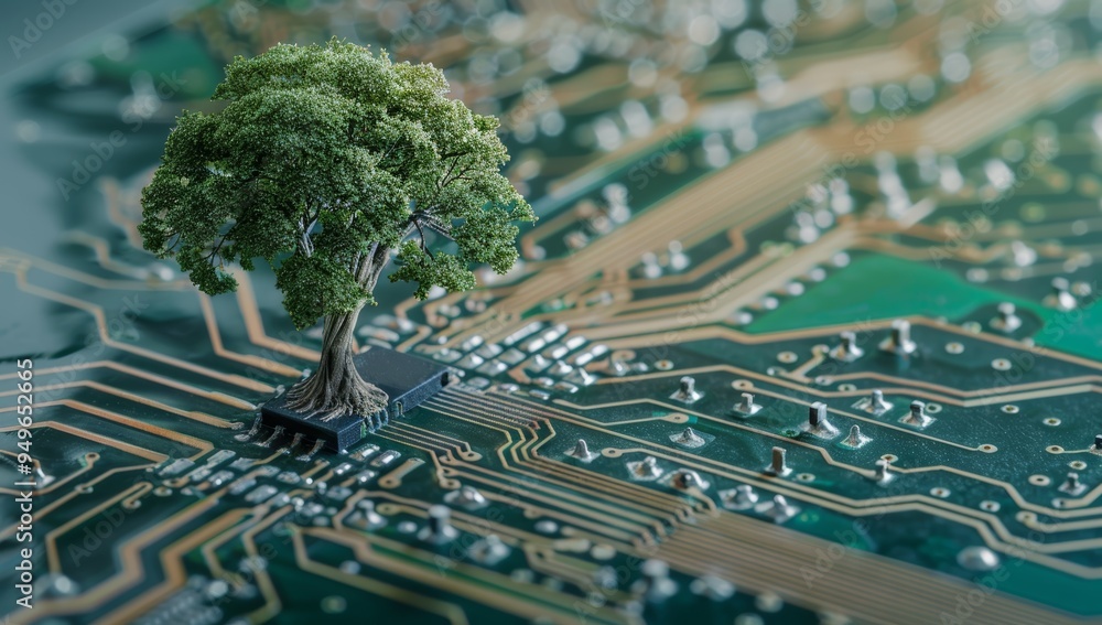 Poster miniature tree growing on a circuit board