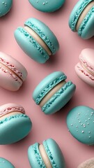 Fototapeta premium French sweet blue macaroons on color background,French macaron cookies baked pattern,french macaroons,Paris Pastry,bakery and branding concept,Delicious french desserts,copy space.