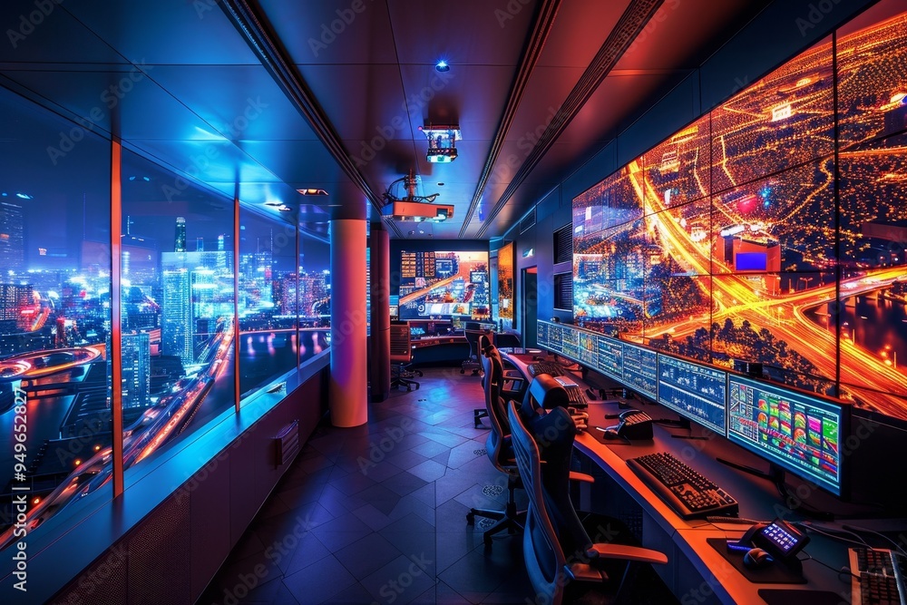 Poster room filled with computer monitors, the advanced control center of a smart city, where sensors and a