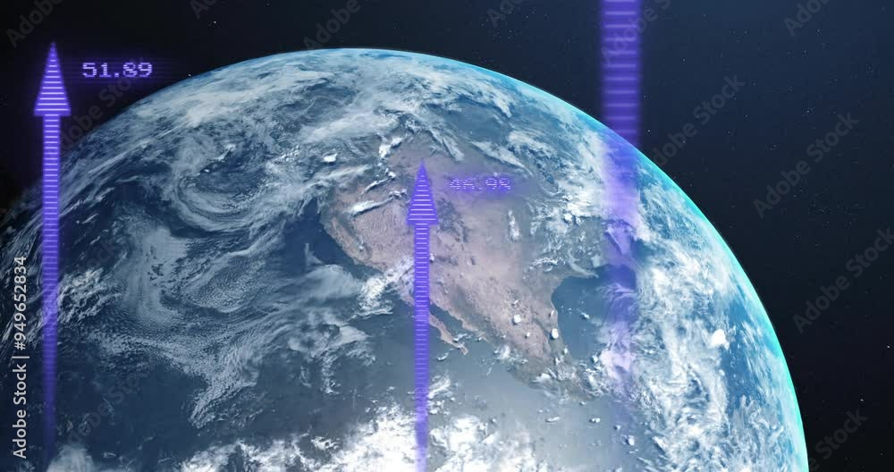Poster earth from space with purple arrows and data processing animation